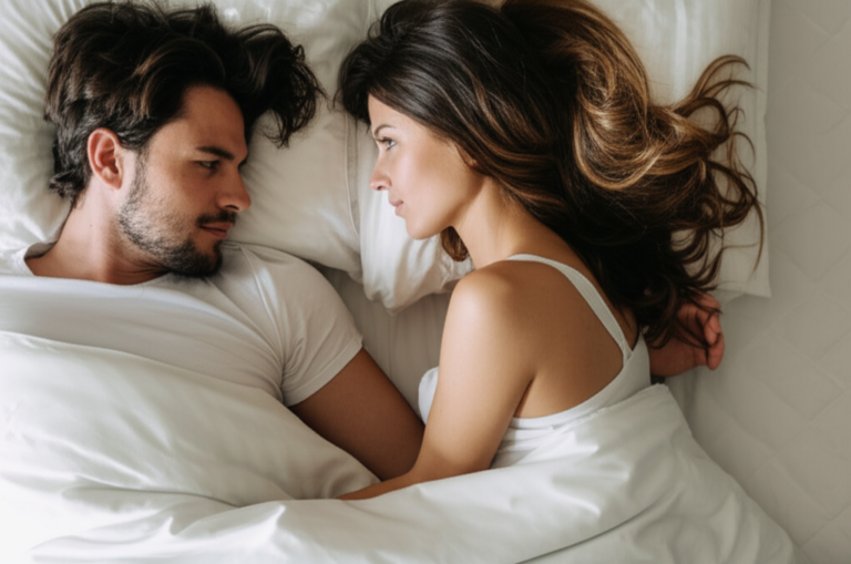 Casal sorrindo e se abraçando na cama.