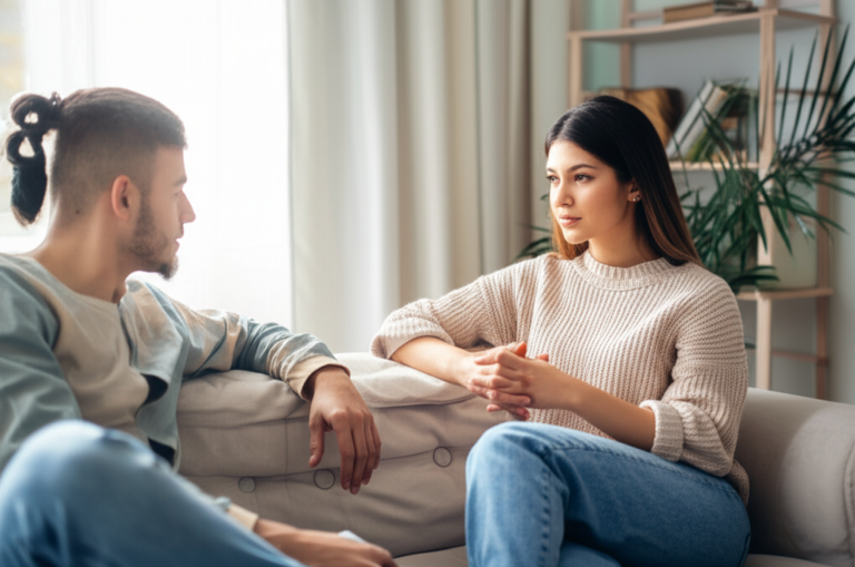 Casal conversando abertamente, representando comunicação e terapia sexual