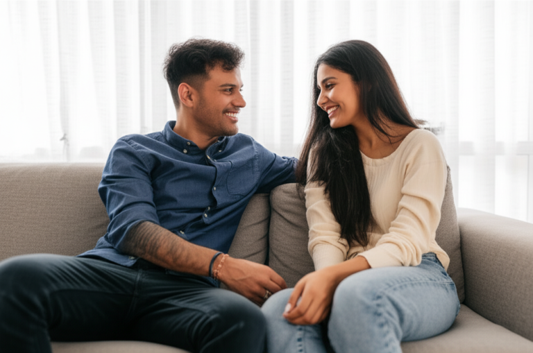 Casal sorrindo e conversando abertamente sobre sexo