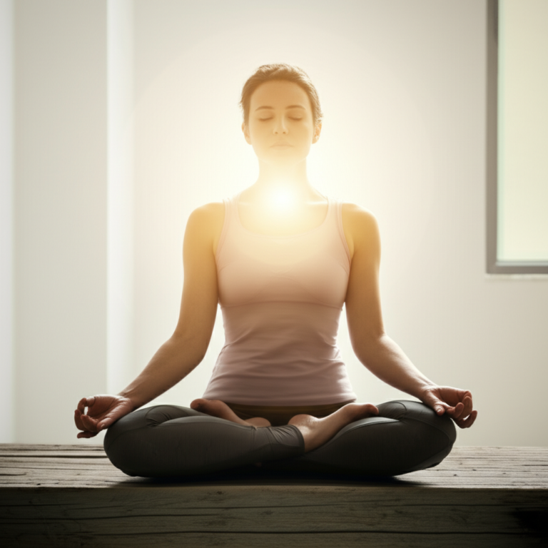 Atenção Plena e Dopamina Pessoa meditando com aura brilhante.