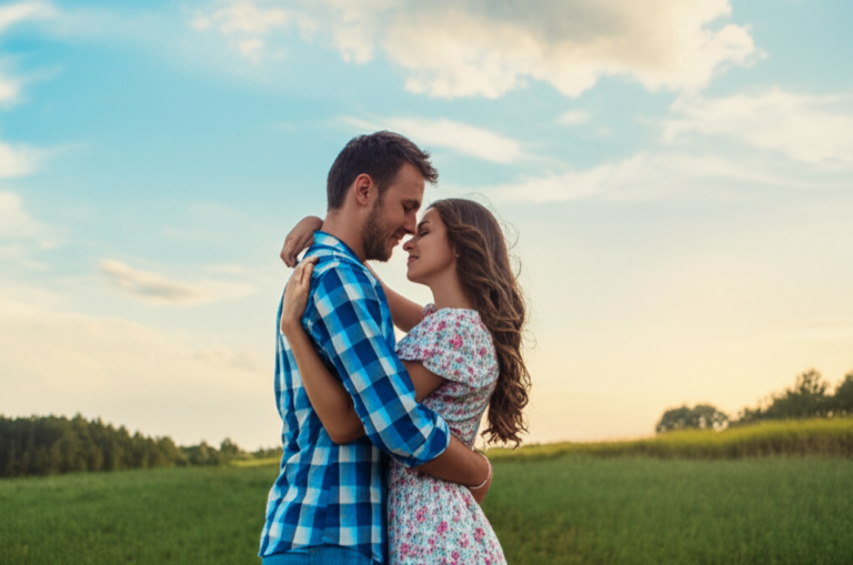 Casal sorrindo e se abraçando em um campo florido.