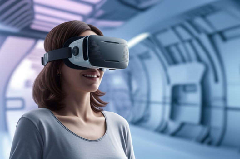 Realidade Virtual e Prazer Digital Mulher usando óculos de realidade virtual em ambiente futurista.