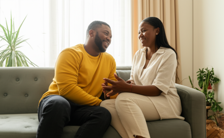 Comunicação Aberta no Relacionamento Casal conversando abertamente em um ambiente acolhedor.