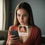 Mulher olhando fixamente para tela de celular com contagem de likes.