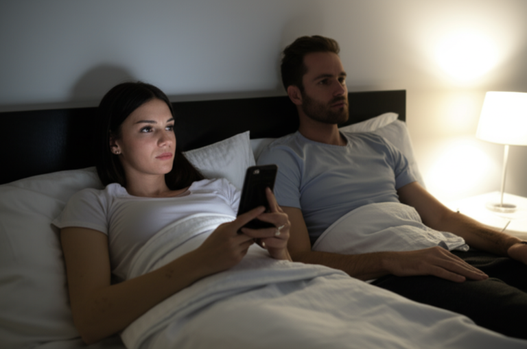 Casal na cama, mulher olhando para o celular com expressão preocupada.