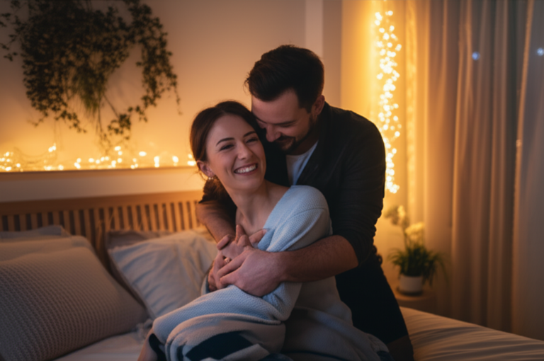 Casal sorrindo e se abraçando em ambiente aconchegante.
