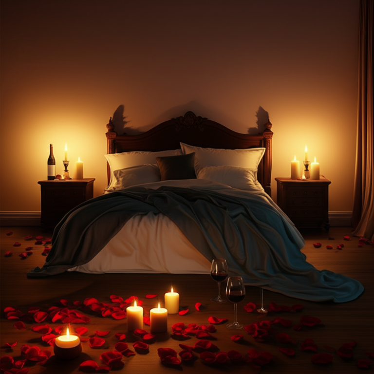 Ambiente Romântico: Criando a Atmosfera Perfeita Quarto com iluminação suave, velas e lençóis de seda, criando um ambiente romântico.