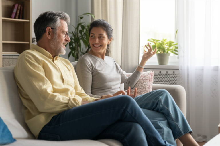 Comunicação Íntima e Aberta Casal sorrindo e conversando em um ambiente íntimo