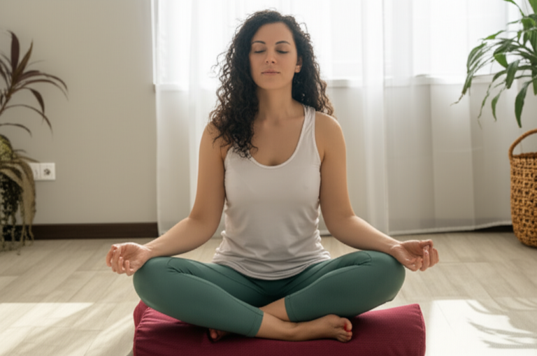 Gerenciando a Ansiedade Sexual Mulher meditando em um ambiente calmo