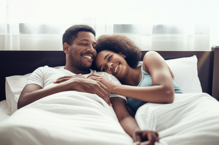 Benefícios da Improvisação Erótica Casal sorrindo e abraçado, demonstrando conexão e felicidade.