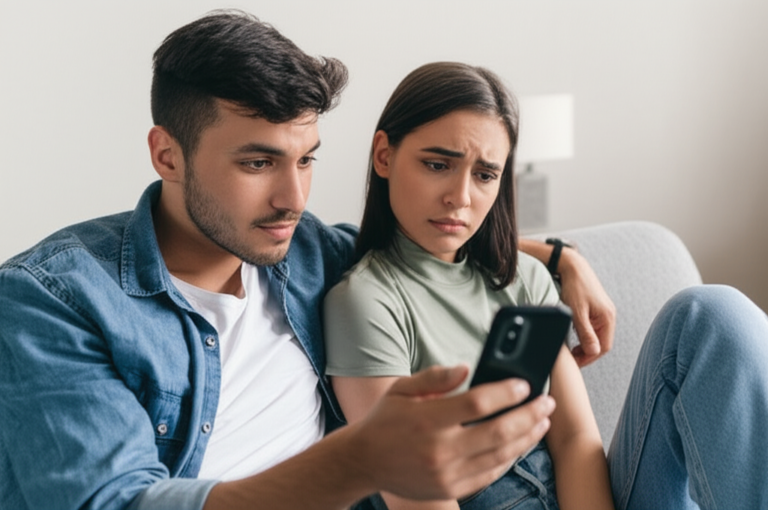 Casal se sentindo inseguro em frente a uma tela de celular.