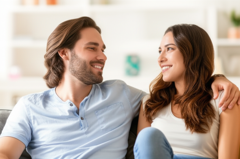 Casal conversando abertamente e sorrindo