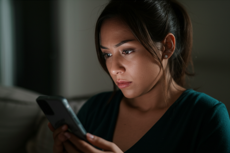 Pessoa preocupada olhando para o celular, simbolizando ansiedade