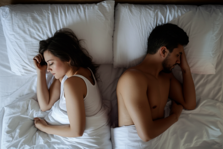 Casal distante sentado em sofás separados, expressando tristeza