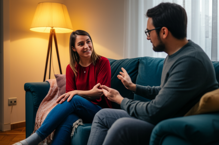 Casal conversando em um ambiente acolhedor, demonstrando comunicação aberta