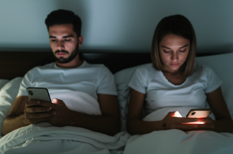 Casal olhando para seus celulares na cama, ignorando um ao outro