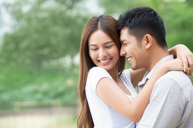 Casal sorrindo e se abraçando, desfrutando do momento presente