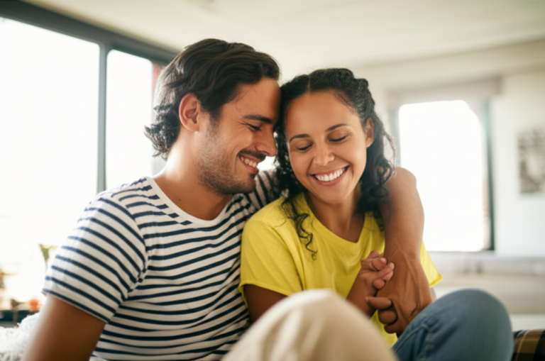 Intimidade e Realidade Casal sorrindo e se abraçando, representando a intimidade genuína