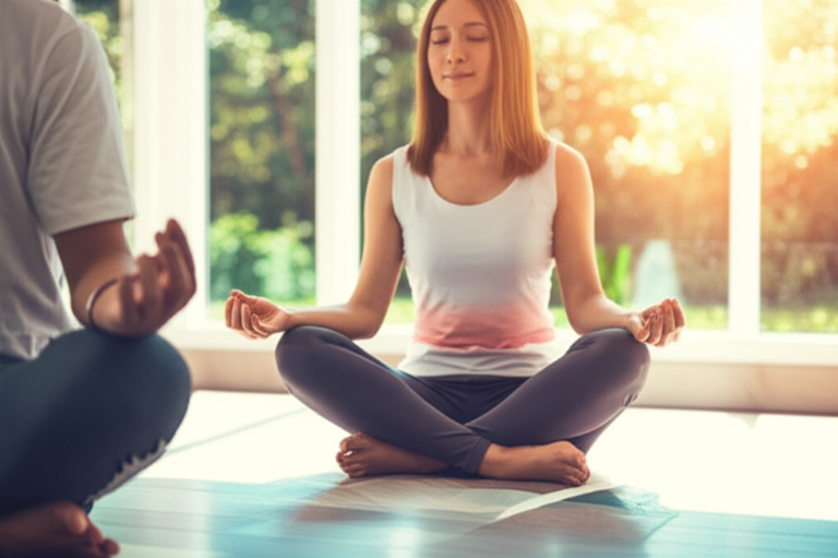 Casal meditando junto.