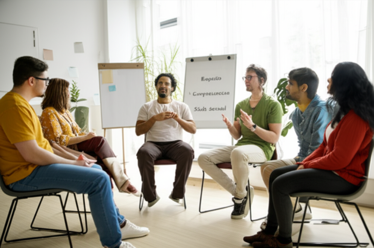 Discussão Aberta sobre Sexo Pessoas conversando abertamente sobre sexualidade em um ambiente seguro