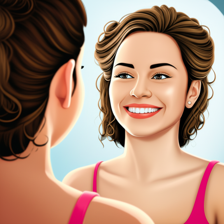 Mulher se olhando no espelho com um sorriso confiante