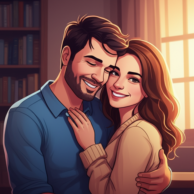 Casal sorrindo e abraçado em um ambiente íntimo
