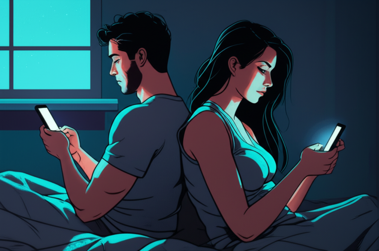 Validação Online e Intimidade Casal olhando para celular, refletindo sobre validação online