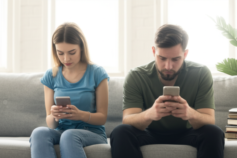 Desconexão Digital e Intimidade Casal distante, cada um focado em seu celular