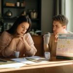 Casal conversando sobre prioridades em um calendário.
