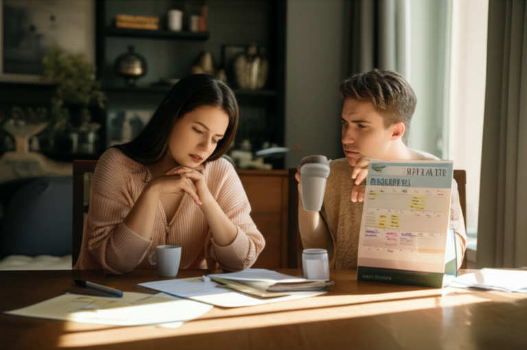 Priorizando o Tempo para a Intimidade Casal conversando sobre prioridades em um calendário.