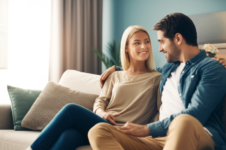 Comunicação: A Chave para uma Vida Sexual Satisfatória Casal conversando abertamente em um sofá.